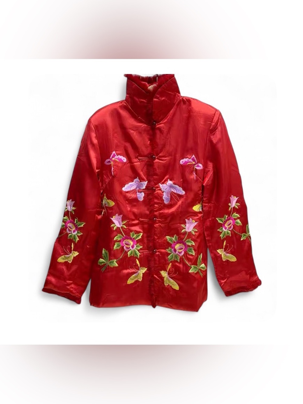 Red Embroidered Satin Mandarin Collar Puffet Jacket